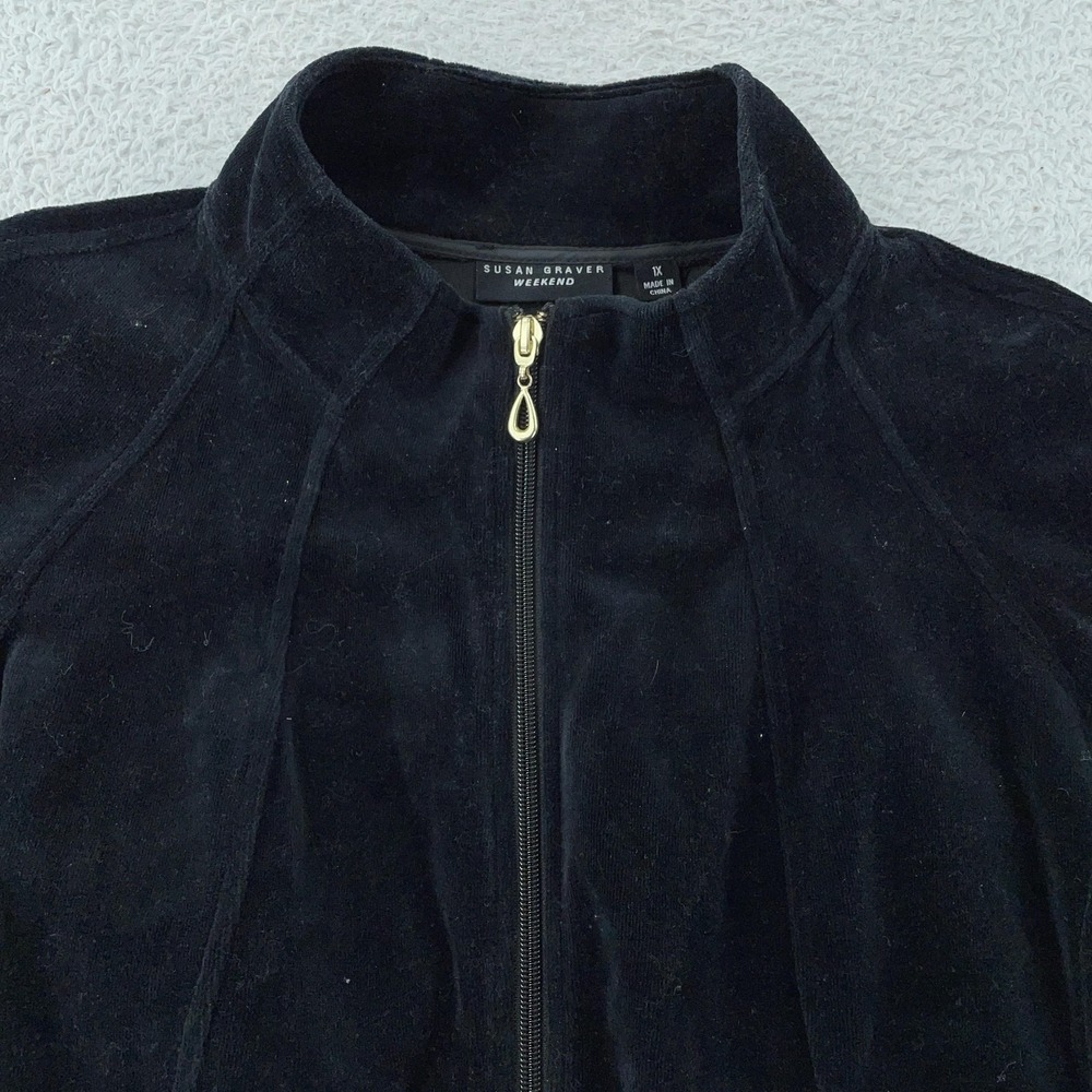 Susan Graver Weekend Jacket Women's 1X Black Velour Zip Stand‎ Collar Seamed